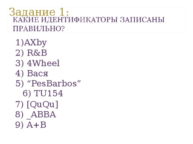 Задание 1: AXby   6) TU154     2) R&B  3) 4Wheel  4) Вася  5) “ PesBarbos”   7) [QuQu]  8) _ABBA  9) A+B 