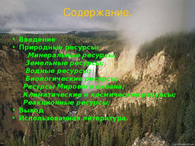 Содержание.   Введение Природные ресурсы:  Минеральные ресурсы;  Земельные ресурсы;  Водные ресурсы;  Биологические ресурсы;  Ресурсы Мирового океана;  Климатические и космические ресурсы;  Реакционные ресурсы; Вывод Использованная литература. 