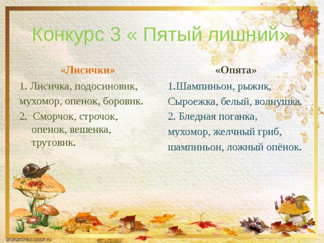Конкурс 3 « Пятый лишний». «Лисички» «Опята» 1. Лисичка, подосиновик, 1.Шампиньон, рыжик, мухомор, опенок, боровик. Сыроежка, белый, волнушка. 2. Сморчок, строчок, опенок, вешенка, трутовик. 2. Бледная поганка, мухомор, желчный гриб, шампиньон, ложный опёнок. 