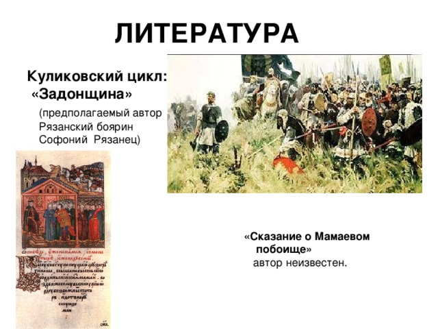 ЛИТЕРАТУРА Куликовский цикл:  «Задонщина»  «Сказание о Мамаевом  побоище» 