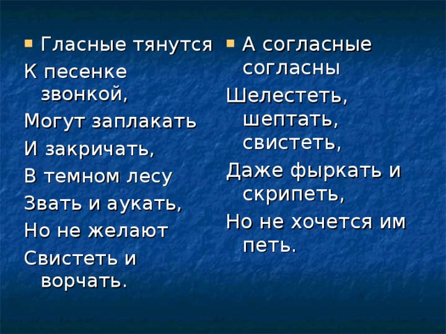 Гласные тянутся А согласные согласны К песенке звонкой, Могут заплакать И закричать, В темном лесу Звать и аукать, Но не желают Свистеть и ворчать. Шелестеть, шептать, свистеть, Даже фыркать и скрипеть, Но не хочется им петь. 