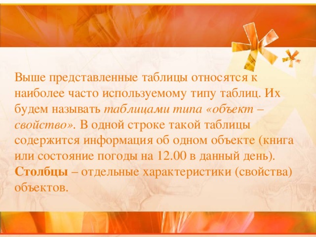 Выше представленные таблицы относятся к наиболее часто используемому типу таблиц. Их будем называть таблицами типа «объект – свойство». В одной строке такой таблицы содержится информация об одном объекте (книга или состояние погоды на 12.00 в данный день). Столбцы – отдельные характеристики (свойства) объектов. 