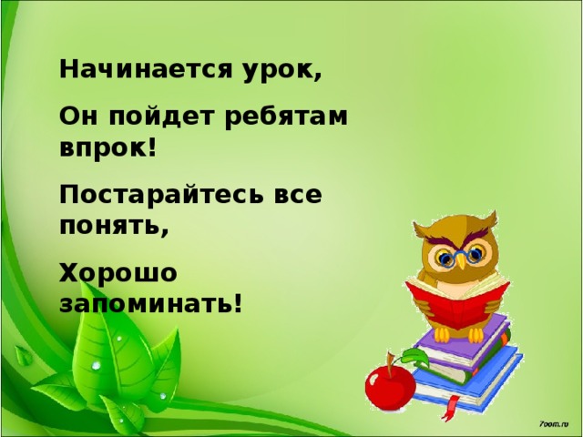 Начинается урок, Он пойдет ребятам впрок! Постарайтесь все понять, Хорошо запоминать! 