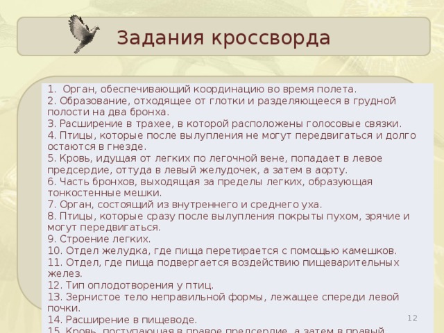 Задания кроссворда 1. Орган, обеспечивающий координацию во время полета. 2. Образование, отходящее от глотки и разделяющееся в грудной полости на два бронха. 3. Расширение в трахее, в которой расположены голосовые связки. 4. Птицы, которые после вылупления не могут передвигаться и долго остаются в гнезде. 5. Кровь, идущая от легких по легочной вене, попадает в левое предсердие, оттуда в левый желудочек, а затем в аорту. 6. Часть бронхов, выходящая за пределы легких, образующая тонкостенные мешки. 7. Орган, состоящий из внутреннего и среднего уха. 8. Птицы, которые сразу после вылупления покрыты пухом, зрячие и могут передвигаться. 9. Строение легких. 10. Отдел желудка, где пища перетирается с помощью камешков. 11. Отдел, где пища подвергается воздействию пищеварительных желез. 12. Тип оплодотворения у птиц. 13. Зернистое тело неправильной формы, лежащее спереди левой почки. 14. Расширение в пищеводе. 15. Кровь, поступающая в правое предсердие, а затем в правый желудочек, а из него по легочным артериям к легким. 16. Сердце птицы.  