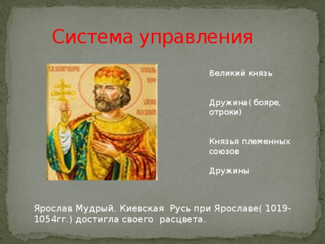   Система управления Великий князь Дружина( бояре, отроки) Князья племенных союзов Дружины Ярослав Мудрый. Киевская Русь при Ярославе( 1019-1054гг.) достигла своего расцвета. 