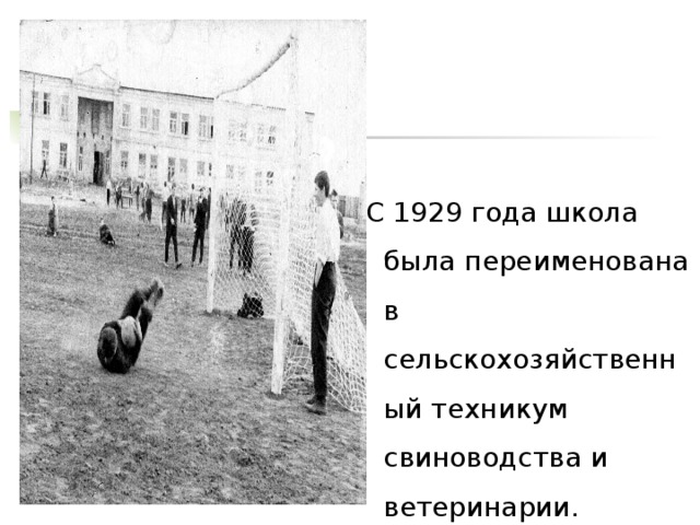  С 1929 года школа была переименована в сельскохозяйственный техникум свиноводства и ветеринарии. 