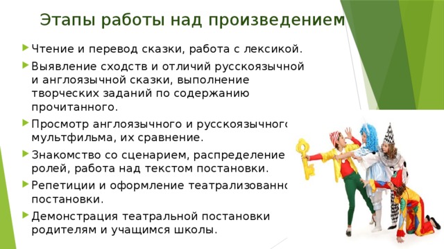 Этапы работы над произведением Чтение и перевод сказки, работа с лексикой. Выявление сходств и отличий русскоязычной и англоязычной сказки, выполнение творческих заданий по содержанию прочитанного. Просмотр англоязычного и русскоязычного мультфильма, их сравнение. Знакомство со сценарием, распределение ролей, работа над текстом постановки. Репетиции и оформление театрализованной постановки. Демонстрация театральной постановки родителям и учащимся школы. 