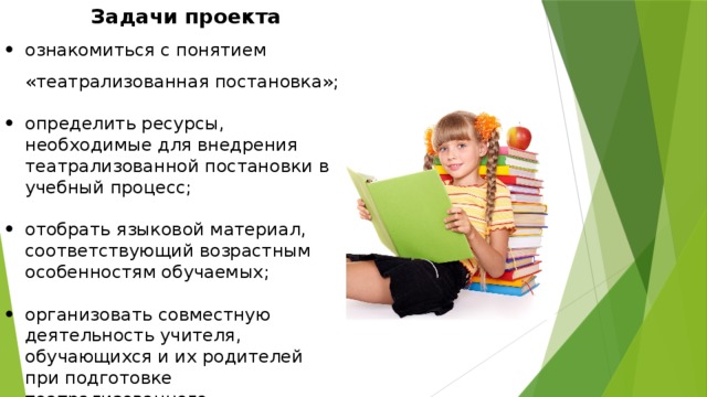 Задачи  проекта ознакомиться с понятием «театрализованная постановка»; определить ресурсы, необходимые для внедрения театрализованной постановки в учебный процесс; отобрать языковой материал, соответствующий возрастным особенностям обучаемых; организовать совместную деятельность учителя, обучающихся и их родителей при подготовке театрализованного представления; 