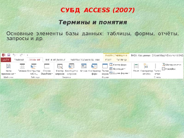    СУБД  ACCESS (2007)  Термины и понятия  Основные элементы базы данных: таблицы, формы, отчёты, запросы и др. 