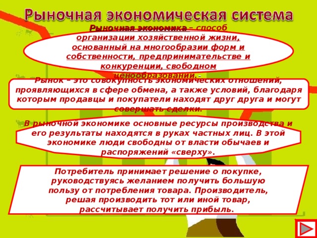 Рыночная экономика – способ организации хозяйственной жизни, основанный на многообразии форм и собственности, предпринимательстве и конкуренции, свободном ценообразовании. -  Рынок – это совокупность экономических отношений, проявляющихся в сфере обмена, а также условий, благодаря которым продавцы и покупатели находят друг друга и могут совершать сделки. В рыночной экономике основные ресурсы производства и его результаты находятся в руках частных лиц. В этой экономике люди свободны от власти обычаев и распоряжений «сверху». Потребитель принимает решение о покупке, руководствуясь желанием получить большую пользу от потребления товара. Производитель, решая производить тот или иной товар, рассчитывает получить прибыль. . 