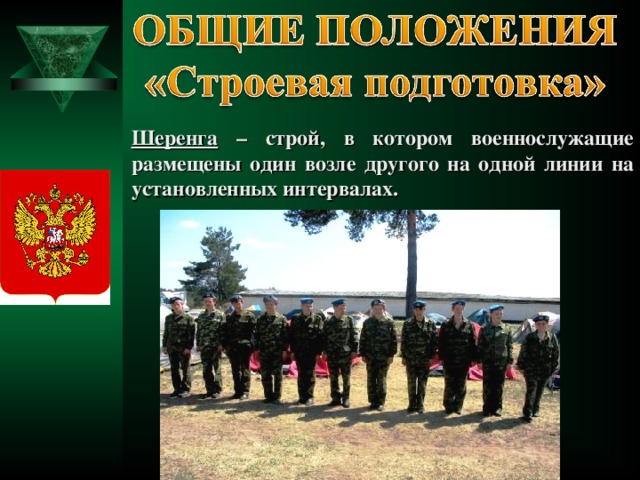 Шеренга – строй, в котором военнослужащие размещены один возле другого на одной линии на установленных интервалах.  