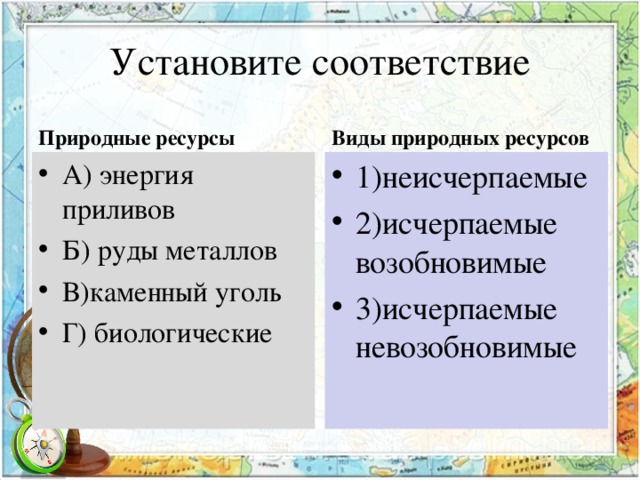 Установите соответствие Природные ресурсы Виды природных ресурсов А) энергия приливов Б) руды металлов В)каменный уголь Г) биологические 1)неисчерпаемые 2)исчерпаемые возобновимые 3)исчерпаемые невозобновимые  