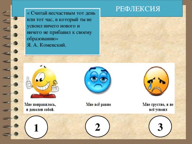  РЕФЛЕКСИЯ « Считай несчастным тот день или тот час, в который ты не усвоил ничего нового и ничего не прибавил к своему образованию» Я. А. Коменский. 1 2 3  