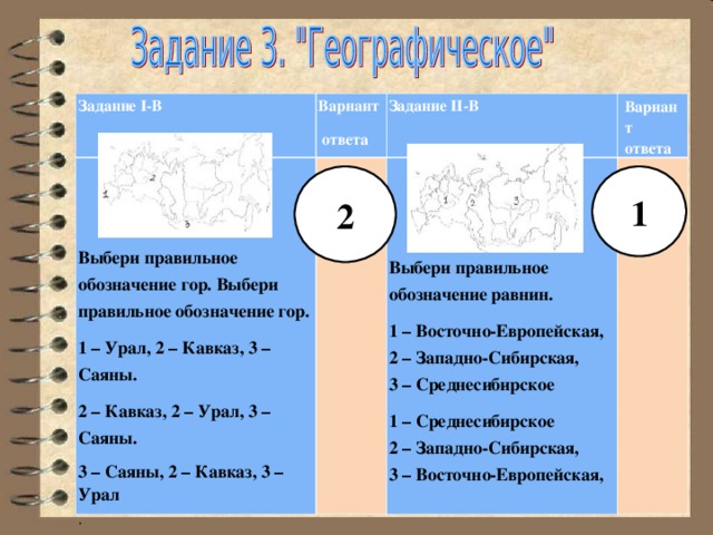 Задание I-В Вариант  ответа  Выбери правильное обозначение гор. Выбери правильное обозначение гор. 1 – Урал, 2 – Кавказ, 3 – Саяны. 2 – Кавказ, 2 – Урал, 3 – Саяны. 3 – Саяны, 2 – Кавказ, 3 – Урал . Задание II-В Вариант ответа Выбери правильное обозначение равнин. 1 – Восточно-Европейская,  2 – Западно-Сибирская,  3 – Среднесибирское 1 – Среднесибирское  2 – Западно-Сибирская,  3 – Восточно-Европейская, 2 1 