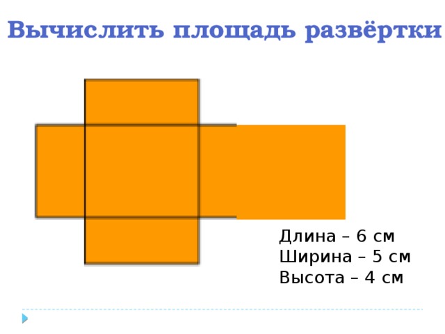 Вычислить площадь развёртки Длина – 6 см Ширина – 5 см Высота – 4 см 