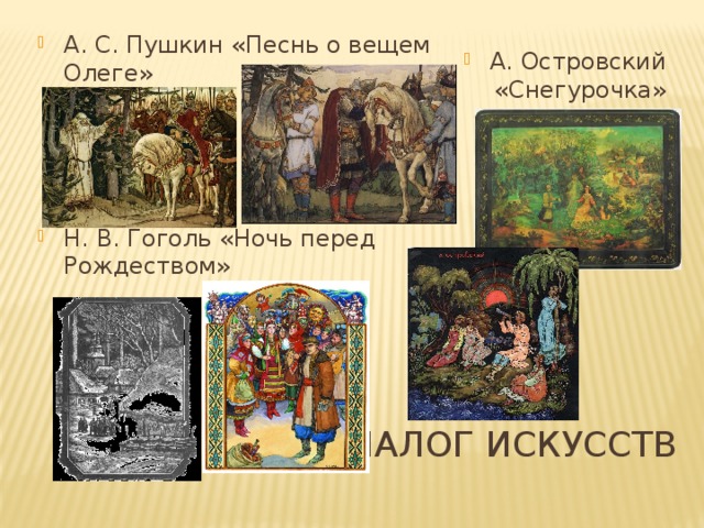 А. С. Пушкин «Песнь о вещем Олеге» Н. В. Гоголь «Ночь перед Рождеством» А. Островский «Снегурочка» Диалог искусств 