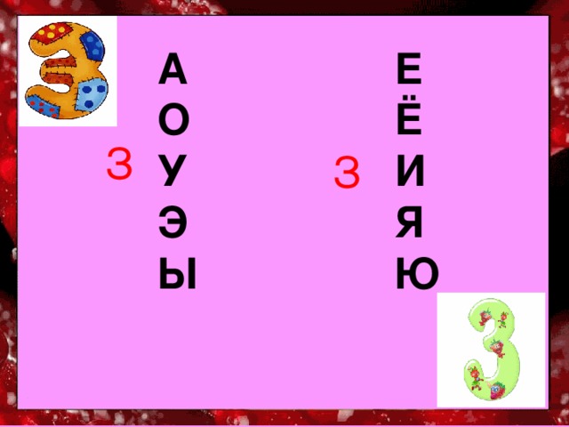 А  О  У  Э  Ы Е  Ё  И  Я  Ю   З  З