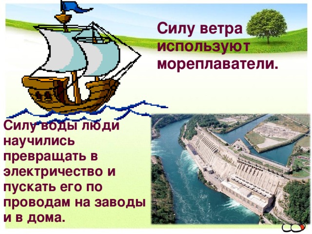 Силу ветра используют мореплаватели.  Силу воды люди научились превращать в электричество и пускать его по проводам на заводы и в дома. Люди научились изпользовать силы природы. Что это за силы? Как человек их использует?  