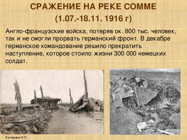 СРАЖЕНИЕ НА РЕКЕ СОММЕ (1.07.-18.11. 1916 г) Англо-французские войска, потеряв ок. 800 тыс. человек, так и не смогли прорвать германский фронт. В декабре германское командование решило прекратить наступление, которое стоило жизни 300 000 немецких солдат. Куляшова И.П. 