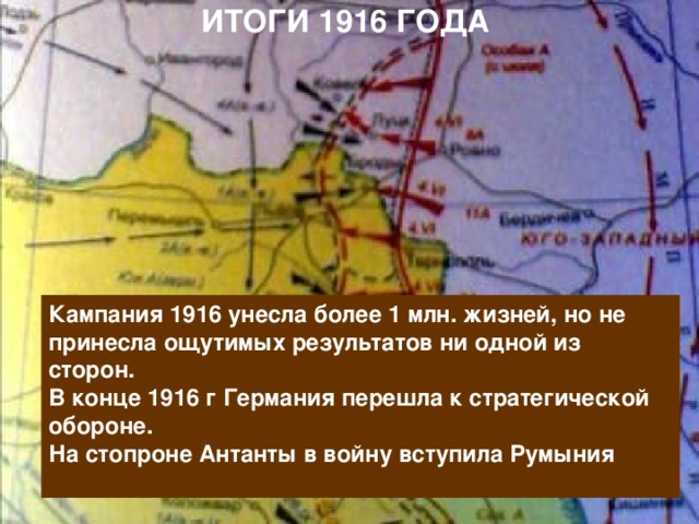 ИТОГИ 1916 ГОДА Кампания 1916 унесла более 1 млн. жизней, но не принесла ощутимых результатов ни одной из сторон. В конце 1916 г Германия перешла к стратегической обороне. На стопроне Антанты в войну вступила Румыния  Куляшова И.П. 