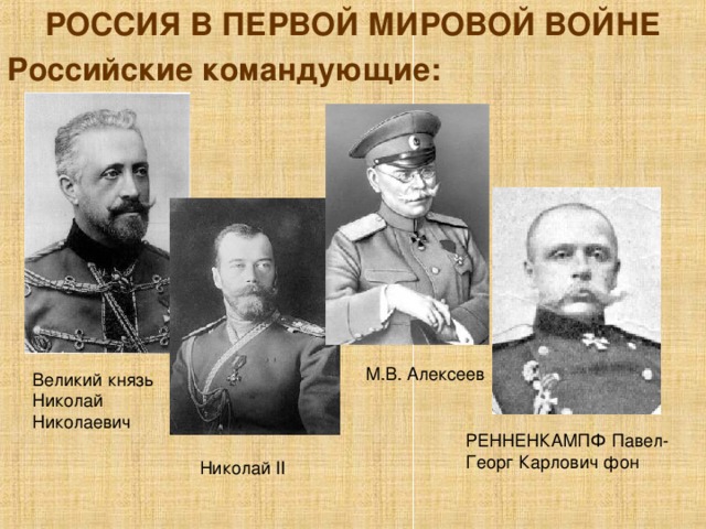 РОССИЯ В ПЕРВОЙ МИРОВОЙ ВОЙНЕ Российские командующие:  М.В. Алексеев Великий князь Николай Николаевич РЕННЕНКАМПФ Павел-Георг Карлович фон Николай II 