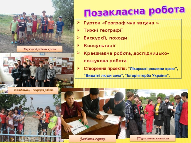Дослідження річки ВІльховець Гурток «Географічна задача » Тижні географії Екскурсії, походи Консультації Краєзнавча робота , д ослідницько-пошукова робота Створення проектів: “ Лікарські рослини краю”, “Видатні люди села”, “Історія герба України”, Вивчаємо травертинові скелі Рукомиша Засідання гуртка 
