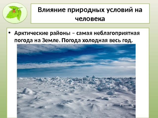 Влияние природных условий на человека Арктические районы – самая неблагоприятная погода на Земле. Погода холодная весь год.  