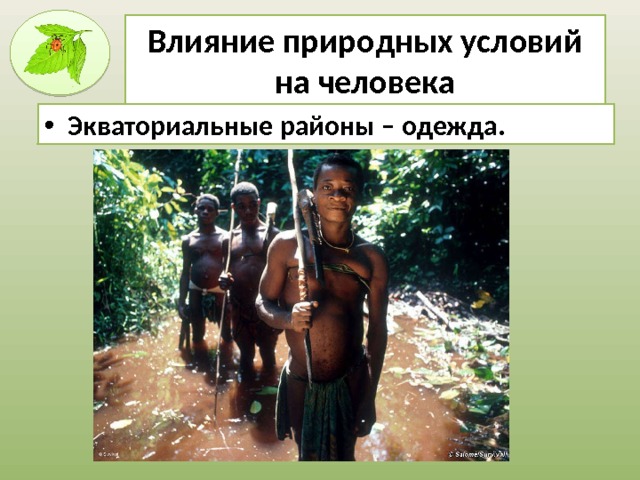 Влияние природных условий на человека Экваториальные районы – одежда. 