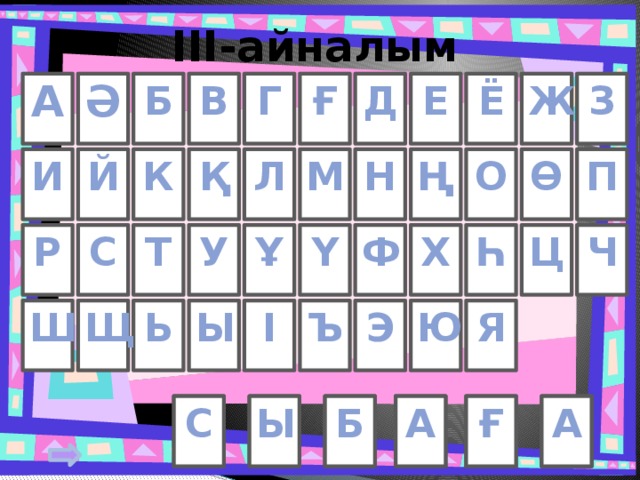 IІІ-айналым Ғ Ә З Ж Ё Д Г В Б А Е О Ө И П К М Й Л Қ Ң Н     Һ Ч Р С Т Х У Ұ Ф Ц Ү Щ Ю Ш І Ь Ы Ъ Я Э Ғ С Ы А Б А 