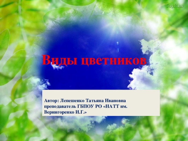 Виды цветников   Автор: Лепешенко Татьяна Ивановна преподаватель ГБПОУ РО «НАТТ им. Вернигоренко И.Г.» 