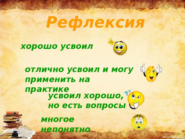 Рефлексия  хорошо усвоил       отлично усвоил и могу применить на практике   усвоил хорошо, но есть вопросы многое непонятно 