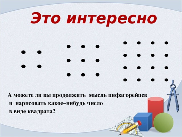 Это интересно А  можете ли вы продолжить мысль пифагорейцев  и нарисовать какое–нибудь число  в виде квадрата?  