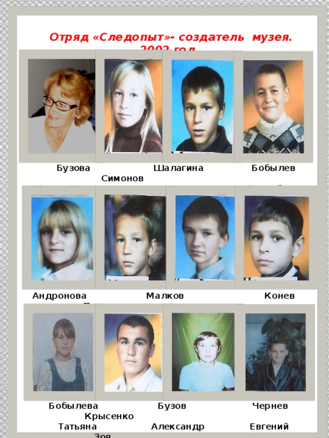  Отряд «Следопыт»- создатель музея. 2002 год .  Бузова Шалагина Бобылев Симонов Ирина Ивановна Юлия Андрей Николай Андронова Малков Конев Подседов  Виктория Владислав Валентин Александр  Бобылева Бузов Чернев Крысенко  Татьяна Александр Евгений Зоя 