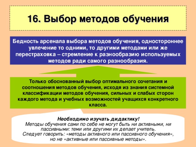 16. Выбор методов обучения Бедность арсенала выбора методов обучения, одностороннее увлечение то одними, то другими методами или же перестраховка – стремление к разнообразию используемых методов ради самого разнообразия. Только обоснованный выбор оптимального сочетания и соотношения методов обучения, исходя из знания системной классификации методов обучения, сильных и слабых сторон каждого метода и учебных возможностей учащихся конкретного класса. Необходимо изучать дидактику! Методы обучения сами по себе не могут быть ни активными, ни пассивными: теми или другими их делает учитель. Следует говорить: «методы активного или пассивного обучения», но не «активные или пассивные методы». 