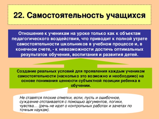 22. Самостоятельность учащихся Отношение к ученикам на уроке только как к объектам педагогического воздействия, что приводит к полной утрате самостоятельности школьников в учебном процессе и, в конечном счете, - к невозможности достичь оптимальных результатов обучения, воспитания и развития детей. Создание реальных условий для проявления каждым учеником самостоятельности (насколько это возможно и необходимо) на основе понимания ценности субъектной позиции ребенка в обучении. Не ставятся плохие отметки, если, пусть и ошибочное, суждение отстаивается с помощью аргументов, логики, чувства… (речь не идет о контрольных работах и зачетах по точным наукам). 