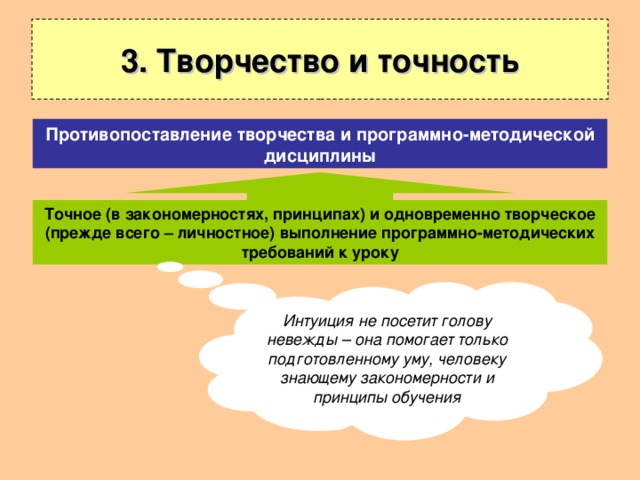 3. Творчество и точность Противопоставление творчества и программно-методической дисциплины Точное (в закономерностях, принципах) и одновременно творческое (прежде всего – личностное) выполнение программно-методических требований к уроку Интуиция не посетит голову невежды – она помогает только подготовленному уму, человеку знающему закономерности и принципы обучения 