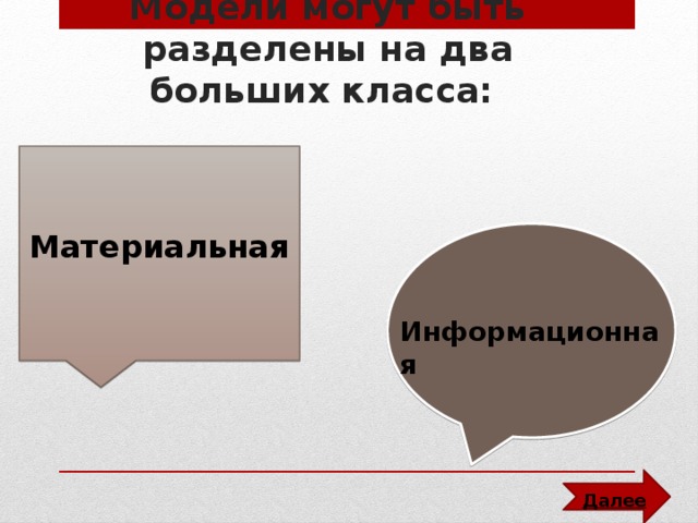 Модели могут быть разделены на два больших класса: Материальная Информационная Далее 