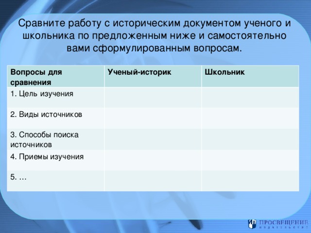     Сравните работу с историческим документом ученого и школьника по предложенным ниже и самостоятельно вами сформулированным вопросам.     Вопросы для сравнения Ученый-историк 1. Цель изучения Школьник 2. Виды источников 3. Способы поиска источников 4. Приемы изучения 5. … 