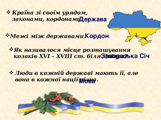 Країна зі своїм урядом, законами, кордонами. Держава Кордон Межі між державами . Як називалося місце розташування козаків ХVІ – ХVІІІ ст. біля Дніпра? Запорозька Січ Люди в кожній державі мають її, але вона в кожної нації різна. Мова 
