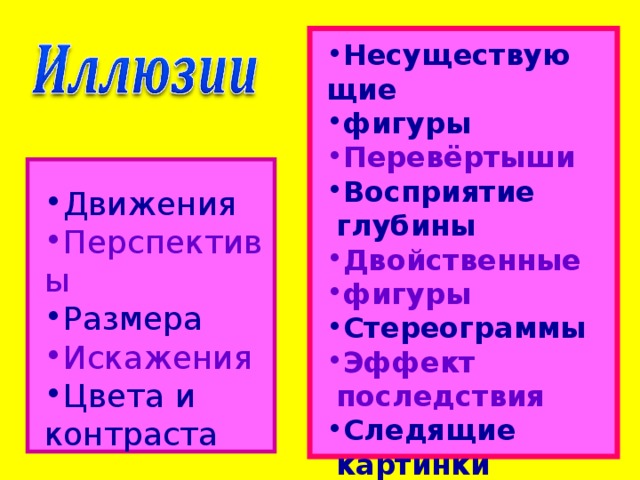 Несуществующие фигуры Перевёртыши Восприятие  глубины Двойственные фигуры Стереограммы Эффект  последствия Следящие  картинки  Движения Перспективы Размера Искажения Цвета и контраста 