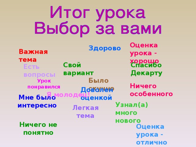 Оценка урока - хорошо Здорово Важная тема Свой вариант Спасибо Декарту Есть вопросы Было скучно Урок понравился Ничего особенного Доволен оценкой Я молодец! Мне было интересно Узнал(а) много нового Легкая тема Ничего не понятно Оценка урока - отлично