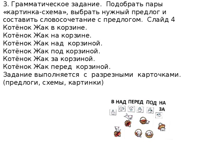 3. Грамматическое задание. Подобрать пары «картинка-схема», выбрать нужный предлог и составить словосочетание с предлогом. Слайд 4 Котёнок Жак в корзине. Котёнок Жак на корзине. Котёнок Жак над корзиной. Котёнок Жак под корзиной. Котёнок Жак за корзиной. Котёнок Жак перед корзиной. Задание выполняется с разрезными карточками. (предлоги, схемы, картинки) 