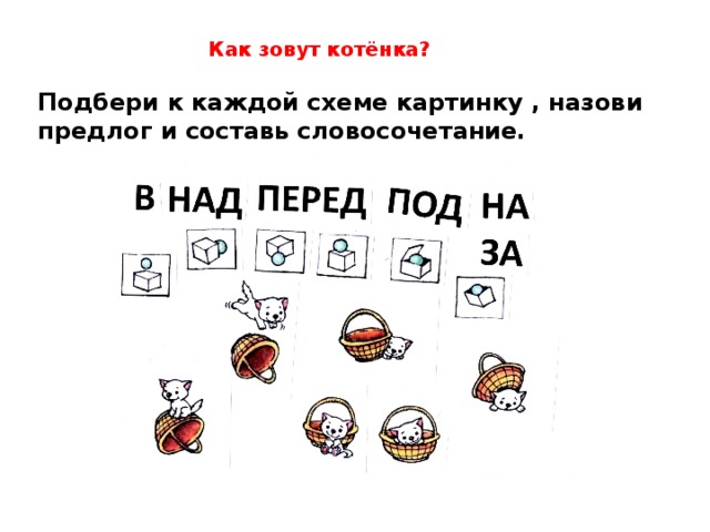Как зовут котёнка? Подбери к каждой схеме картинку , назови предлог и составь словосочетание. 