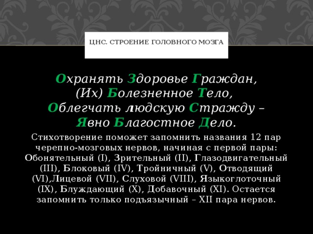 ЦНС. Строение головного мозга   О хранять  З доровье  Г раждан,  (Их)  Б олезненное  Т ело,   О блегчать  л юдскую  С тражду –  Я вно  Б лагостное  Д ело. Стихотворение поможет запомнить названия 12 пар черепно-мозговых нервов, начиная с первой пары: О бонятельный (I),  З рительный (II),  Г лазодвигательный (III),  Б локовый (IV),  Т ройничный (V),  О тводящий (VI), Л ицевой (VII),  С луховой (VIII),  Я зыкоглоточный (IX),  Б луждающий (X),  Д обавочный (XI). Остается запомнить только подъязычный – XII пара нервов. 