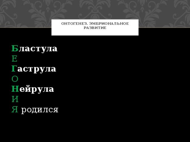 Онтогенез. Эмбриональное развитие   Б ластула  Е  Г аструла  О  Н ейрула  И  Я родился 