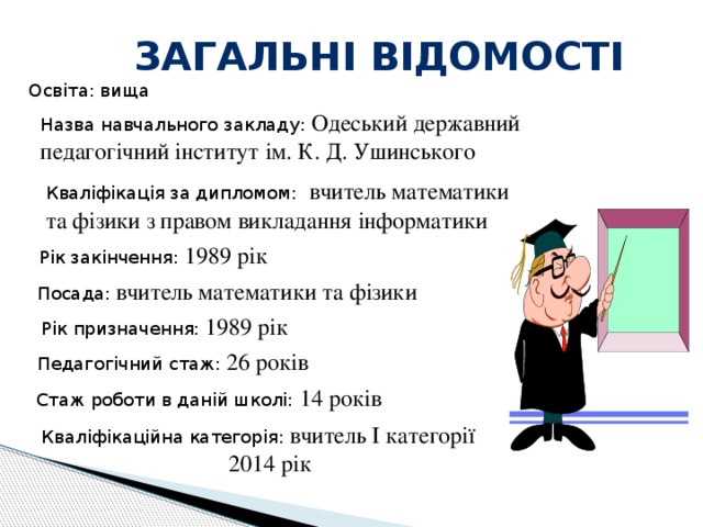 Загальні відомості Освіта: вища Назва навчального закладу: Одеський державний педагогічний інститут ім. К. Д. Ушинського Кваліфікація за дипломом:  вчитель математики та фізики з правом викладання інформатики Рік закінчення: 1989 рік Посада: вчитель математики та фізики Рік призначення: 1989 рік Педагогічний стаж: 26 років Стаж роботи в даній школі: 14 років Кваліфікаційна категорія: вчитель І категорії  2014 рік 