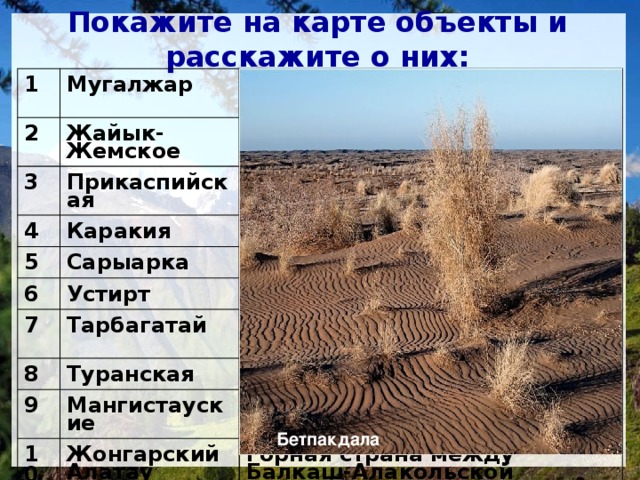 Проверь себя: 1 . Высокие горы Казахстана: а) Алтай, Жонгарский (Жетысуский) Алатау, Мугалжар; б) Мангыстау, Тянь-Шань, Алтай; в) Алтай, Сауыр-Тарбагатай, Общий Сырт; г) Тянь-Шань, Жетысуский Алатау, Алтай, Сауыр-Тарбагатай. 2. Сарыарка и Северный Тянь-Шань образовались примерно в одно время. Почему в отличие от Сарыарки Тянь-Шань - высокие горы? а) вновь возрождаются; б) на них мало повлияли внешние силы Земли. 3. Где в Казахстане расположены высокогорные области? а) на востоке и юго-востоке; б) на севере и западе; в) на юго-востоке и в центральной части; г) на севере и юге. 4. Граница между Казахстаном и Кыргызстаном проходит через:  а) Тянь-Шань; б) Жетысуский Алатау; в) Тарбагатай; г) Алтай. 5. Бесбакан (4622 м) - самая высокая точка: а) Жетысуского Алатау; б) Илейского Алатау; в) Сауыр-Тарбагатая; г) Алтая. 
