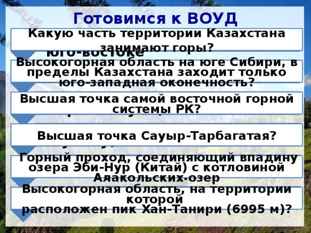 ВОПРОСЫ Высокогорные области Казахстана формировались одновременно с горами Магыстау, но почему у них разный рельеф? Почему казахстанскую часть Западного Алтая называют Рудный Алтай? Каковы особенности тектонической структуры Жетысуского Алатау? Что вы знаете о рельефе Тянь-Шаньских гор? Из каких горных систем они состоят? 