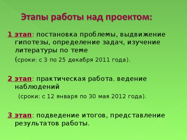 1 этап : постановка проблемы, выдвижение гипотезы, определение задач, изучение литературы по теме  ( сроки: с 3 по 25 декабря 2011 года). 2 этап : практическая работа , ведение наблюдений  (сроки: с 12 января по 30 мая 2012 года). 3 этап : подведение итогов, представление результатов работы.