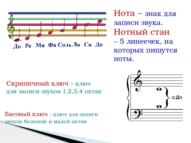 Нота – знак для записи звука. Нотный стан – 5 линеечек, на которых пишутся ноты. Скрипичный ключ – ключ для записи звуков 1,2,3,4 октав Басовый ключ – ключ для записи звуков большой и малой октав 